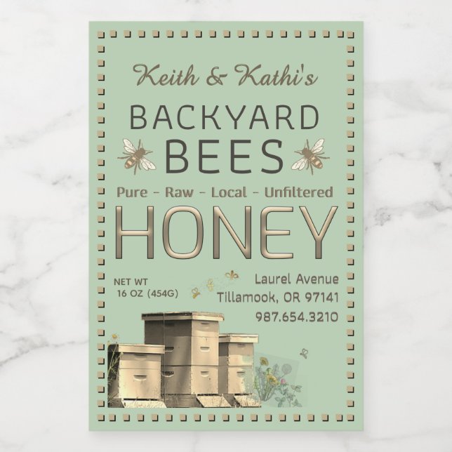 Bienenstöcke und Bienengarten Grün Lebensmitteletikett (Einzelnes Label)