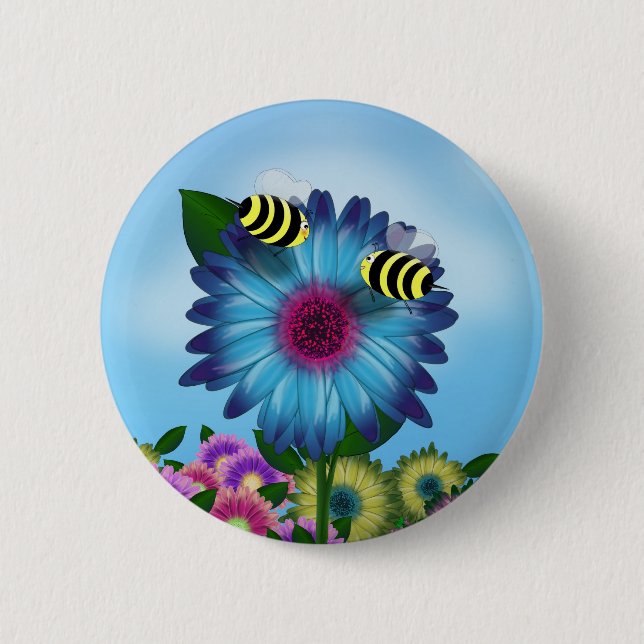 Bienenstufe am Mittag auf blauer Blume Button (Vorderseite)