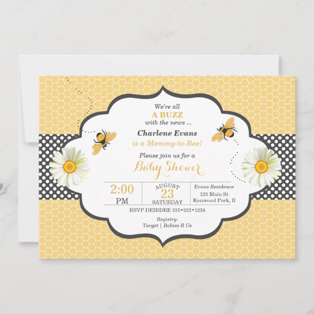 Bienenthema Honeycomb Gold & Gray Polka Dot Einladung (Vorderseite)