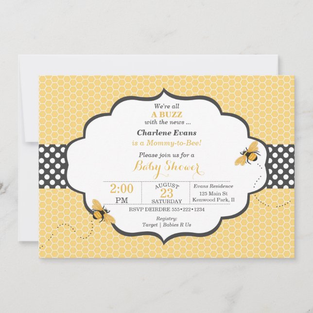 Bienenthema Honeycomb Gold & Gray Polka Dot Einladung (Vorderseite)