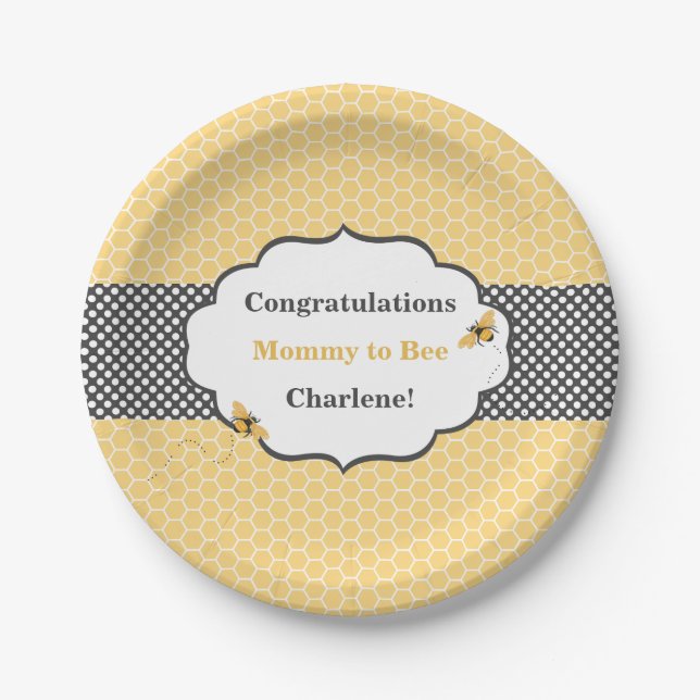 Bienenthema Honeycomb Gold & Gray Polka Dot Pappteller (Vorderseite)