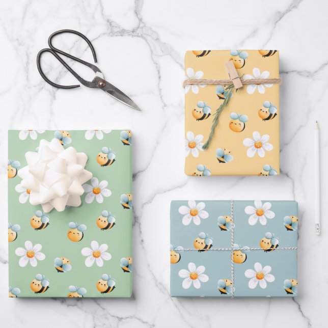 Bienenthema Niedlich Kids Wrapping Paper Geschenkpapier Set (Vorderseite)