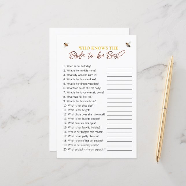Bienenthema "Wer die Bride kennt" Brautparty Game (Vorderseite/Rückseite Beispiel)