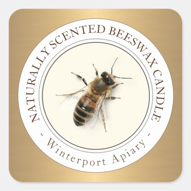 Bienenwachskandle mit dem Metallic-Gold-Label für  Quadratischer Aufkleber (Vorderseite)