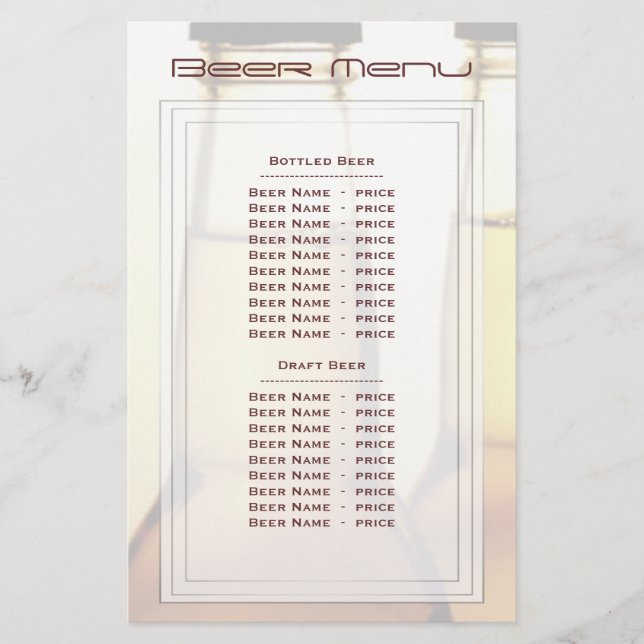 Bier Bottle Beer Menü (Vorderseite)