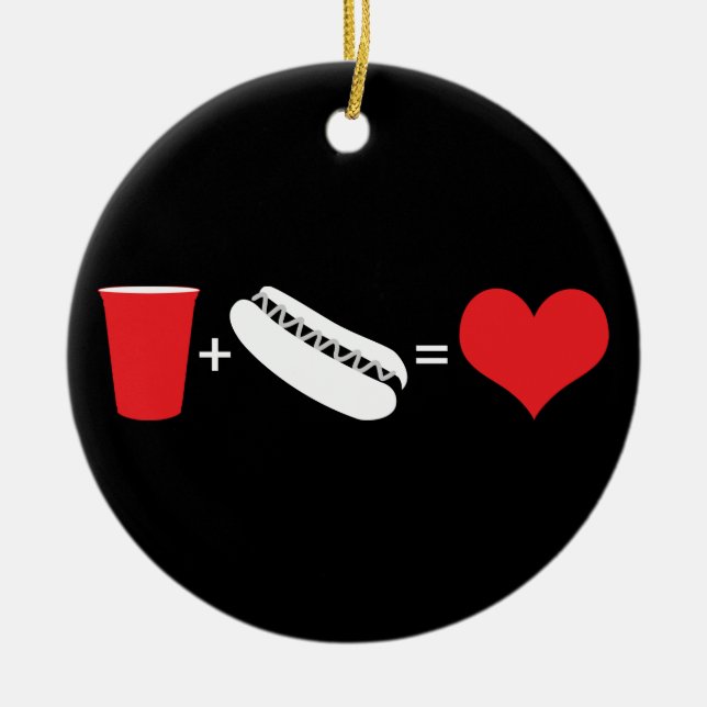 Bier + Hot dogs = Liebe Keramik Ornament (Vorne)