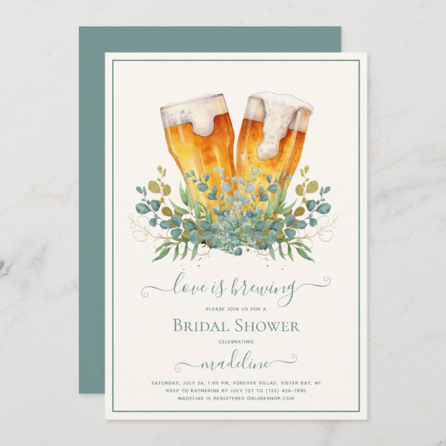 Bier-Liebe braut Eukalyptus-Brautparty Einladung (Vorne/Hinten)