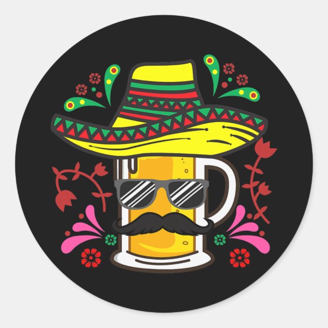 Bier Tasse Sombrero Mustache Cinco De Mayo Mexiko Runder Aufkleber (Vorderseite)