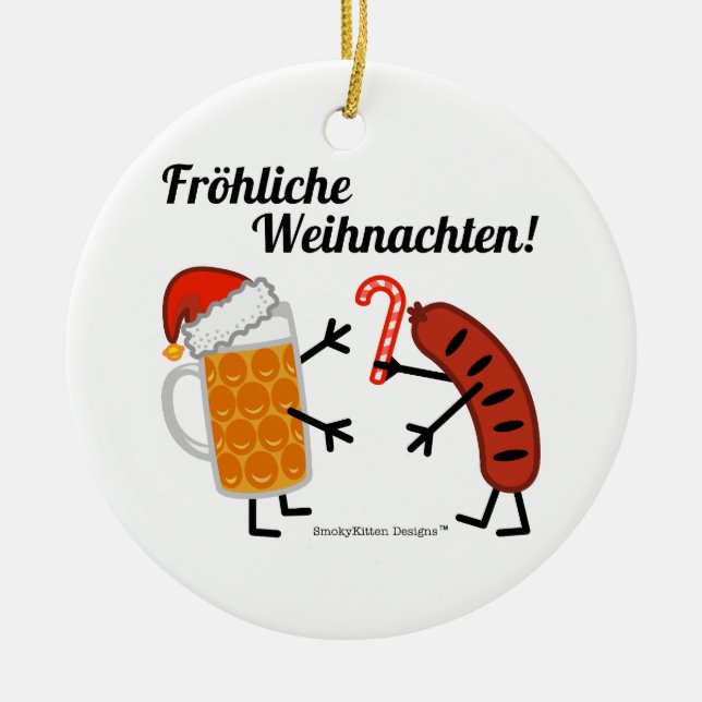 Bier u. Bratwurst - Fröhliche Weihnachten! Keramikornament (Vorne)