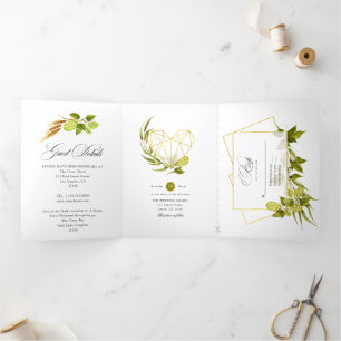 Bier Weide Grün und Gold Geometrische Hochzeit Dreifach Gefaltete Einladung