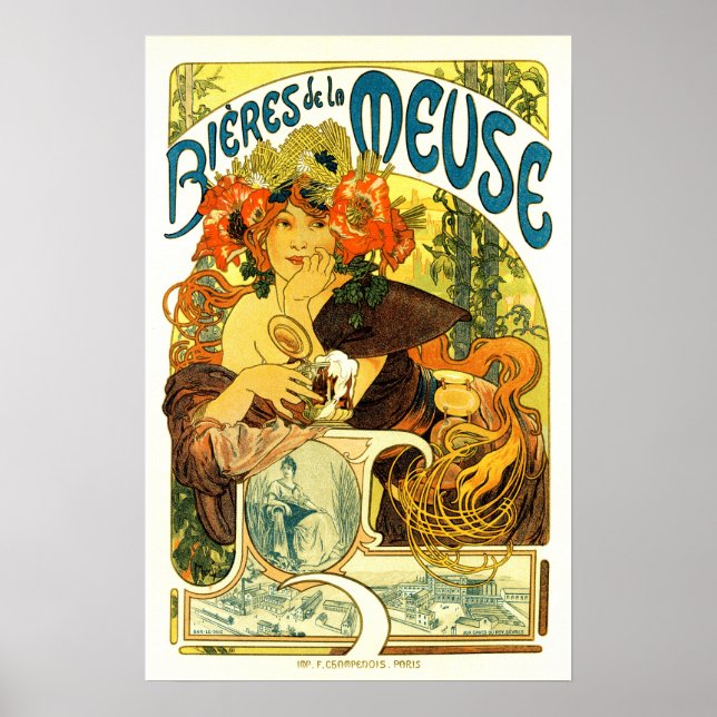 BIERES DE LA MEUSE Beer Alphonse Mucha Art Nouveau Poster (Vorne)