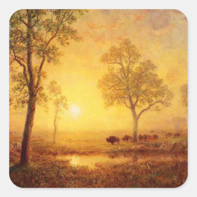 Bierstadt Albert Sunset am Berg Quadratischer Aufkleber (Vorderseite)