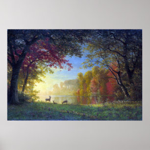 Bierstadt - Indischer Sonnenuntergang mit Hirschen Poster