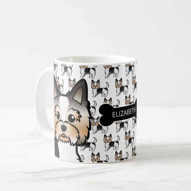Biewer Terrier Cartoon Hunde mit Dog Bone & Name Kaffeetasse (Vorderseite Links)