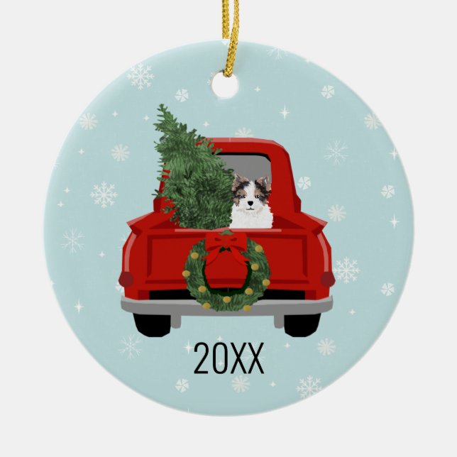 Biewer Terrier Christmas Red Truck Keramik Ornament (Vorne)