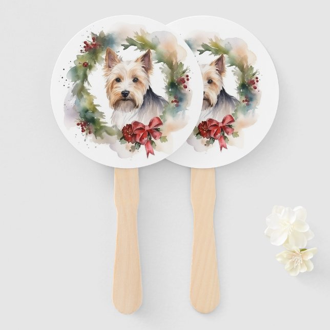 Biewer Terrier Christmas Wreath Festive Pup Fächer (Vorne und Hinten)