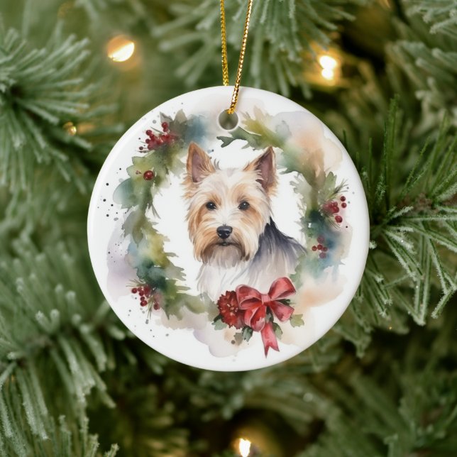 Biewer Terrier Christmas Wreath Festive Pup Keramik Ornament (Baum)