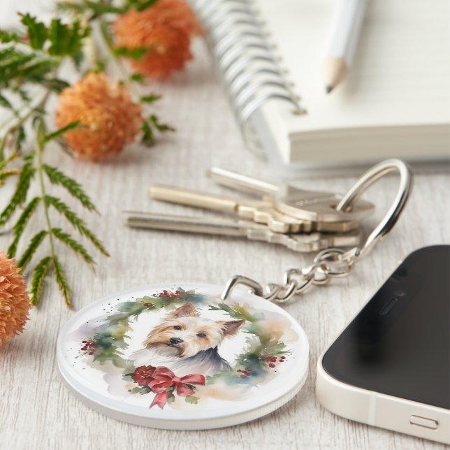 Biewer Terrier Christmas Wreath Festive Pup Schlüsselanhänger (Vorderseite rechts)