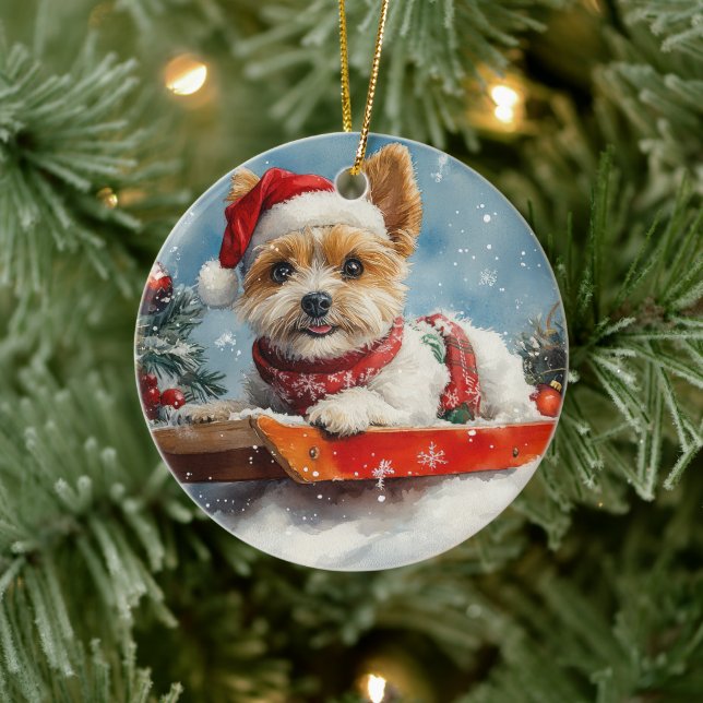 Biewer Terrier Dog in Sledge Let it Snow Christmas Keramik Ornament (Baum)