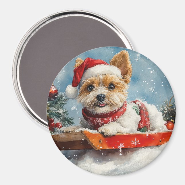 Biewer Terrier Dog in Sledge Let it Snow Christmas Magnet (Vorderseite/Rückseite)