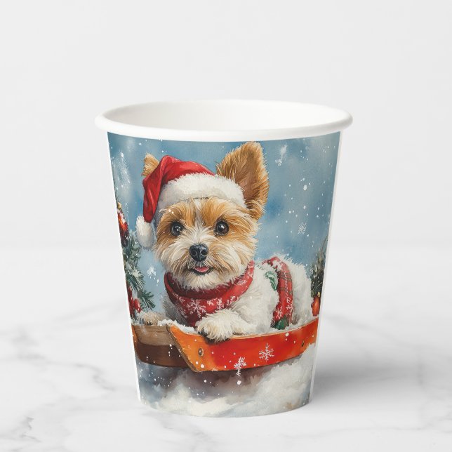 Biewer Terrier Dog in Sledge Let it Snow Christmas Pappbecher (Vorderseite)