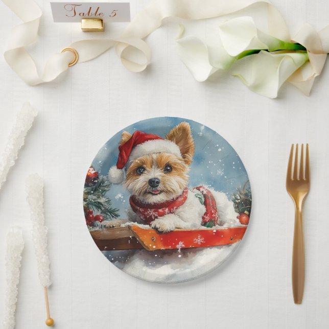 Biewer Terrier Dog in Sledge Let it Snow Christmas Pappteller (Hochzeit)