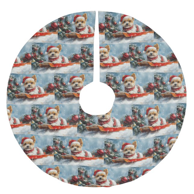 Biewer Terrier Dog in Sledge Let it Snow Christmas Polyester Weihnachtsbaumdecke (Vorderseite)
