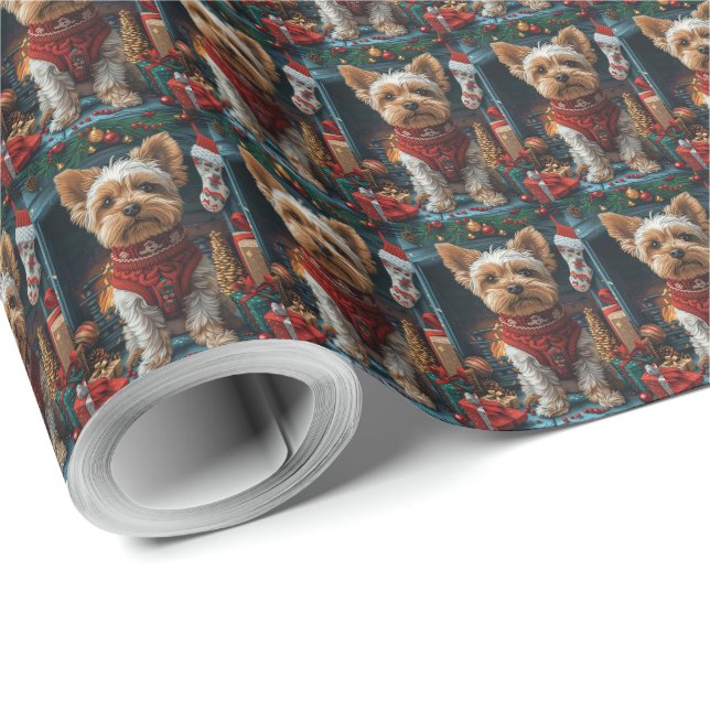 Biewer Terrier Dog mit Weihnachtsgeschenken Feuerp Geschenkpapier (Rolleneckpunkt)