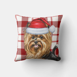 Biewer Terrier Dog Red Holiday Kariert Weihnachten Kissen