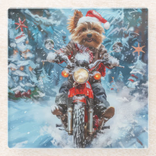 Biewer Terrier Dog Riding Motorrad Weihnachten Glasuntersetzer