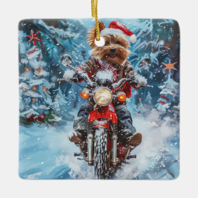 Biewer Terrier Dog Riding Motorrad Weihnachten Keramikornament (Vorderseite)