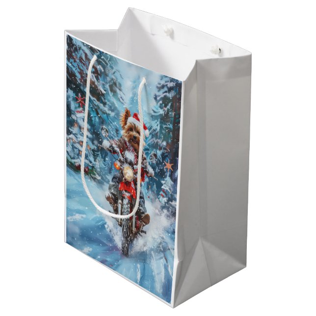 Biewer Terrier Dog Riding Motorrad Weihnachten Mittlere Geschenktüte (Vorderseite Schrägansicht)