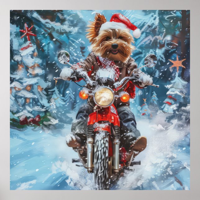 Biewer Terrier Dog Riding Motorrad Weihnachten Poster (Vorne)