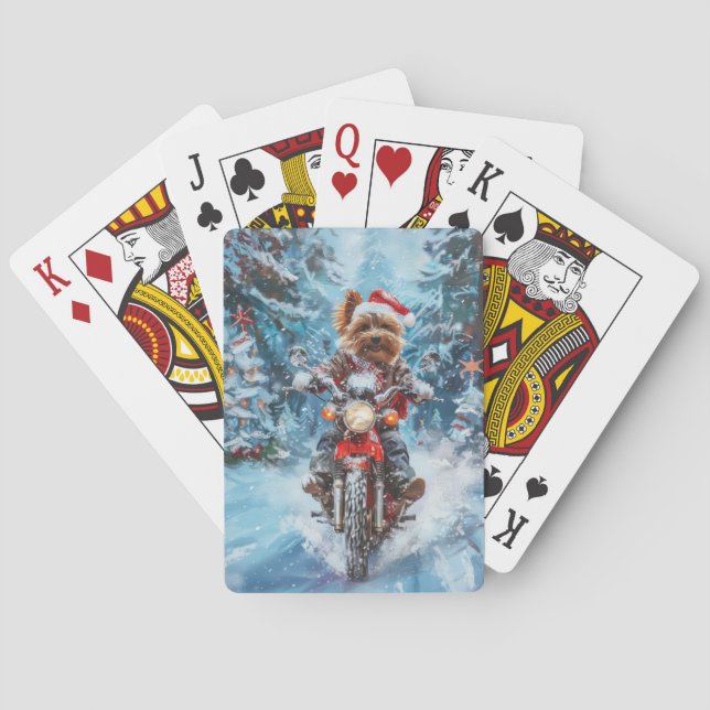 Biewer Terrier Dog Riding Motorrad Weihnachten Spielkarten (Rückseite)