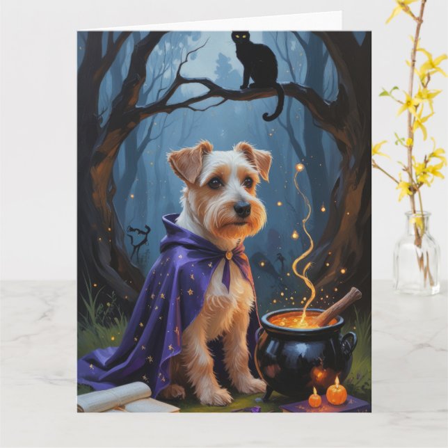 Biewer Terrier Dog Whimsical Halloween Malerei Karte (Gelbe Blume)