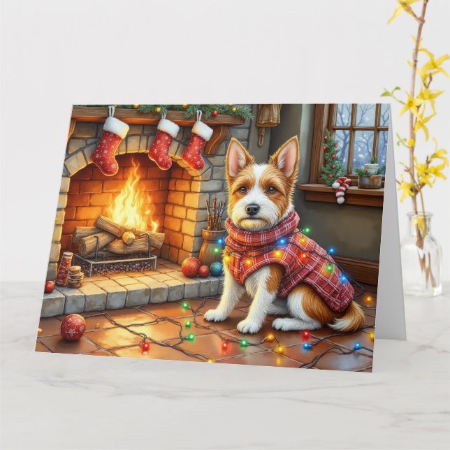 Biewer Terrier Fireplace with Christmas Lights Karte (Gelbe Blume)
