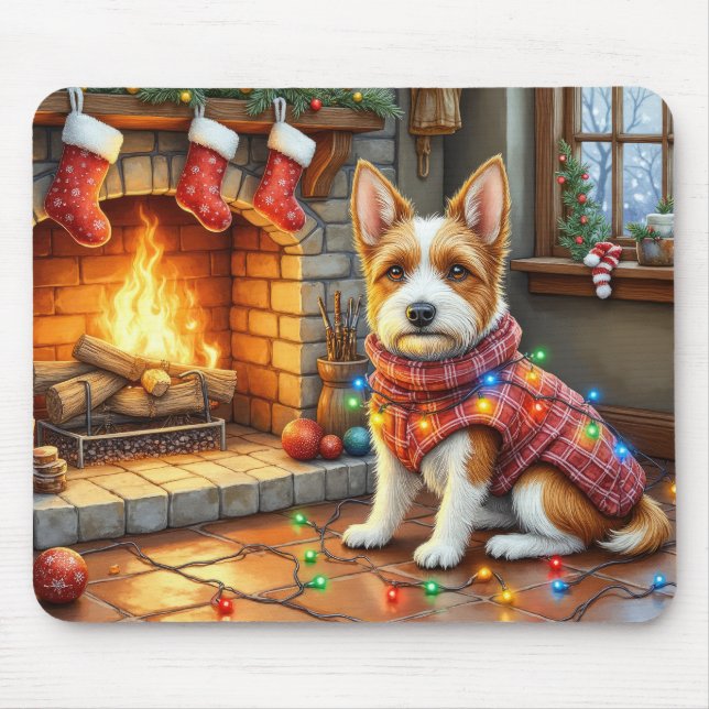 Biewer Terrier Fireplace with Christmas Lights Mousepad (Vorne)