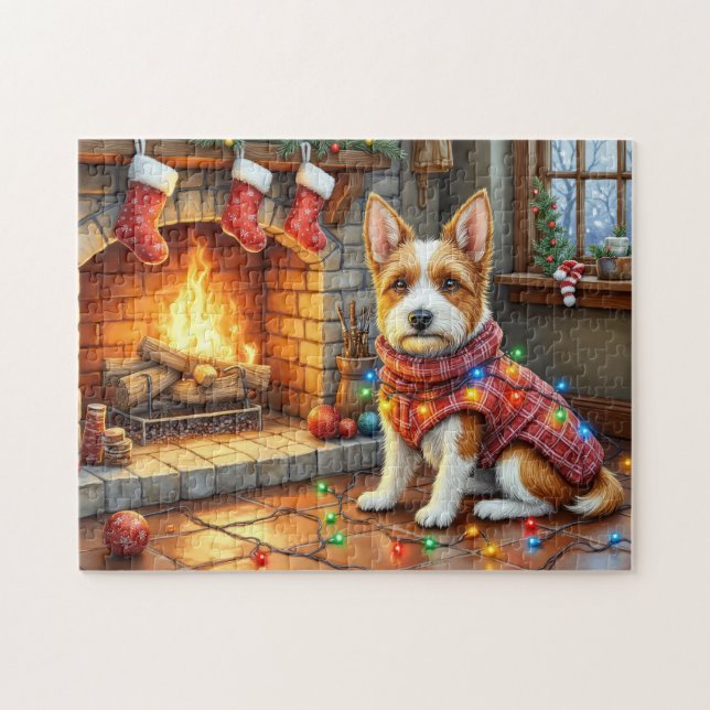 Biewer Terrier Fireplace with Christmas Lights Puzzle (Horizontal)