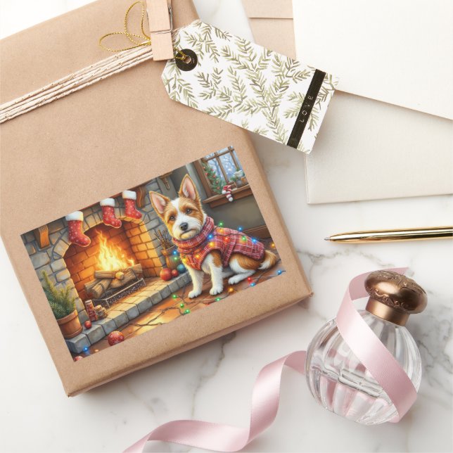 Biewer Terrier Fireplace with Christmas Lights Rechteckiger Aufkleber (Schenken)