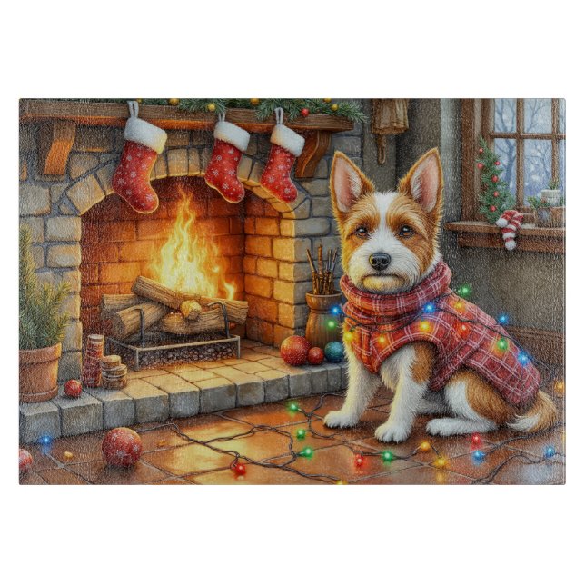 Biewer Terrier Fireplace with Christmas Lights Schneidebrett (Vorderseite)
