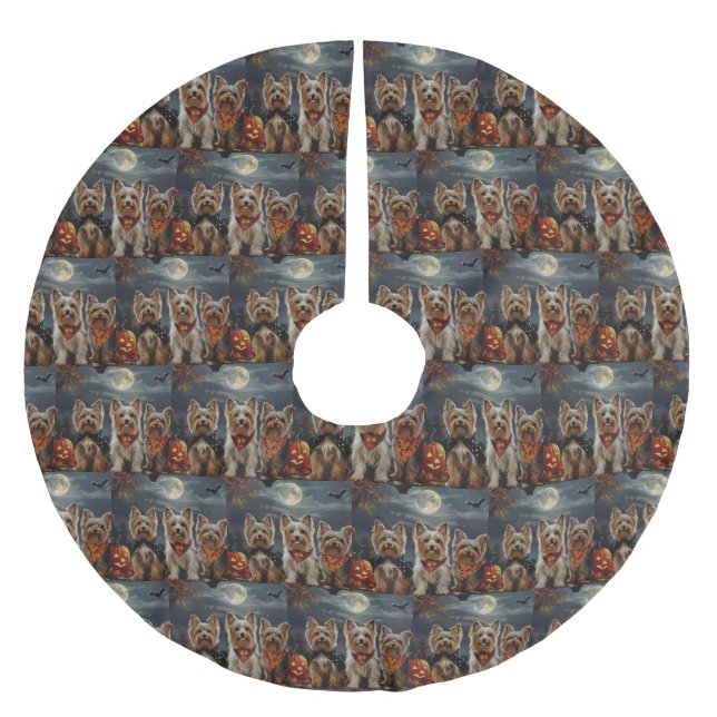 Biewer Terrier Halloween Spooky Polyester Weihnachtsbaumdecke (Vorderseite)