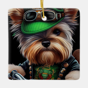 Biewer Terrier Hund fährt Fahrrad St. Patricks Tag Keramikornament
