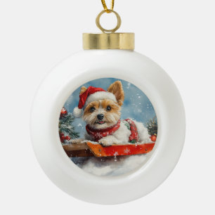 Biewer Terrier Hund im Schlitten Lass es schneien  Keramik Kugel-Ornament