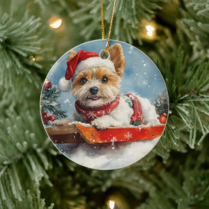 Biewer Terrier Hund im Schlitten Lass es schneien  Keramik Ornament