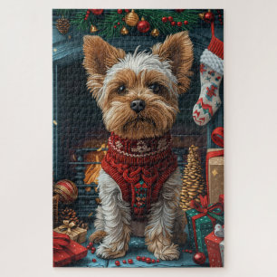 Biewer Terrier Hund mit Weihnachtsgeschenken Kamin Puzzle