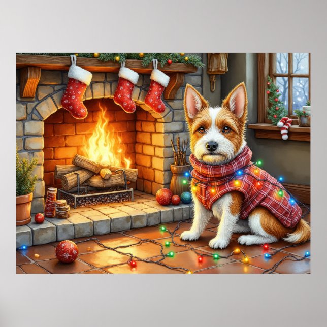 Biewer Terrier Kamin mit Weihnachtslichtern Poster (Vorne)