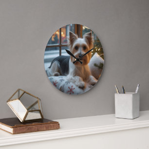 Biewer Terrier mit Weihnachtsbeleuchtung Feiertage Große Wanduhr