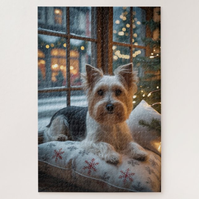 Biewer Terrier mit Weihnachtsbeleuchtung Ferien Puzzle (Vertikal)