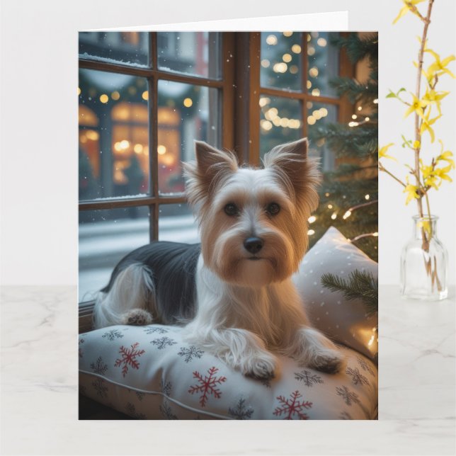 Biewer Terrier mit Weihnachtsbeleuchtung Urlaub Karte (Gelbe Blume)