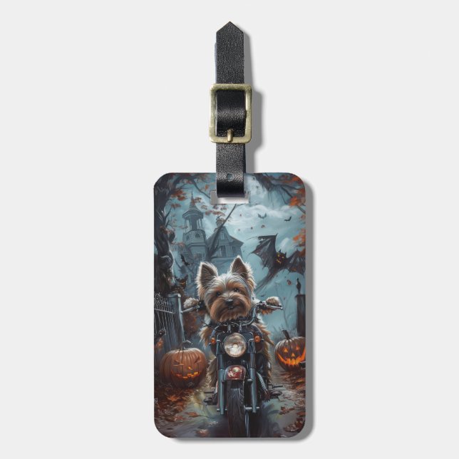 Biewer Terrier Riding Motorrad Halloween Beängstig Gepäckanhänger (Vorderseite vertikal)